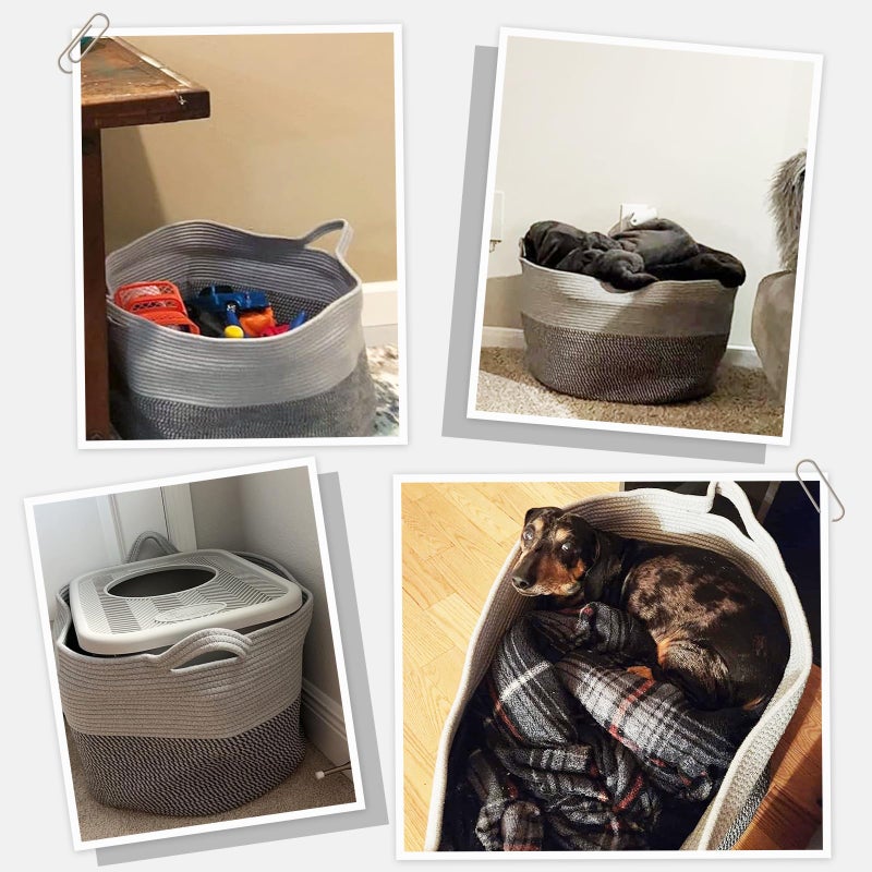 INDRESSME Extra Large Laundry Basket, Cotton Rope Blanket Basket for Nursery Living Room, Decorative Woven Storage Basket with Handles for Dirty Clothes, Toy Bin For Dog Toys, 21.7 x 13.8 inches, Grey - Image 4